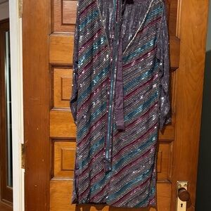 Vintage Multicolor Beaded Disco Striped Midi Dress with Belt or Tie